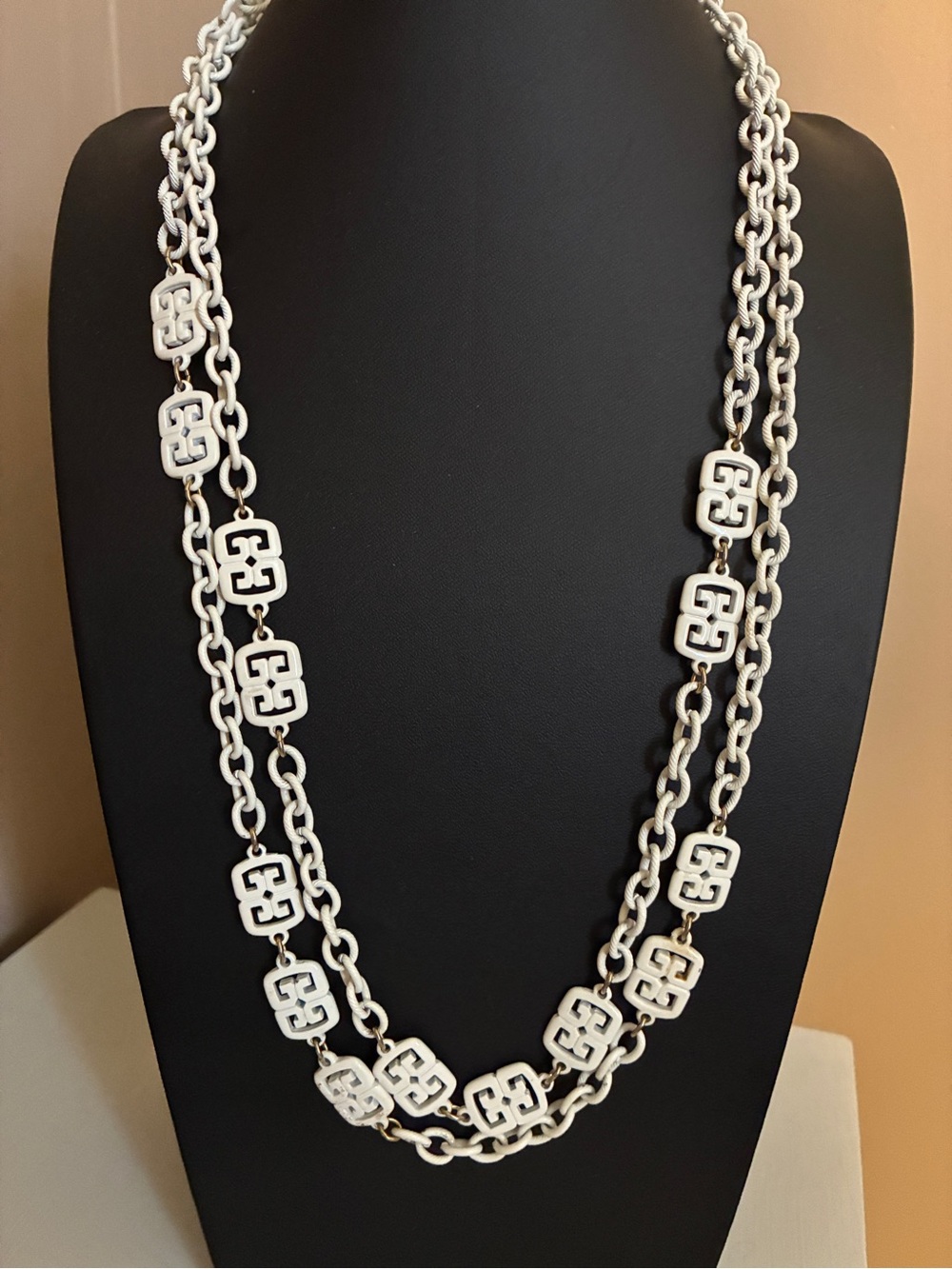 Crown Trifari Enamel Link Medallion 52” Long Necklace